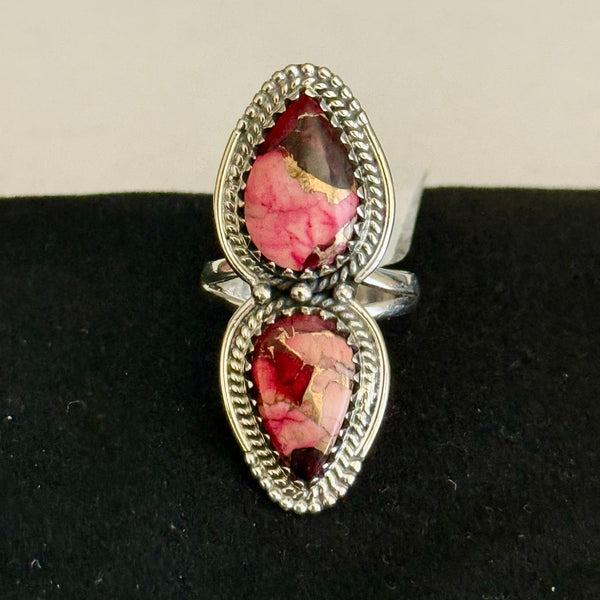 Southwestern Pink Rose Dahlia Turquoise Teardrop Statement Ring Sterling Silver