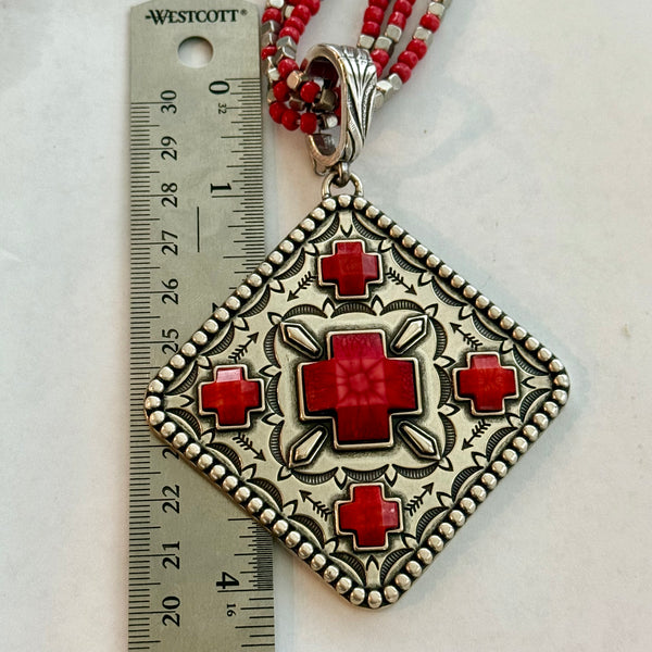Vintage Southwestern Cross Enhancer Pendant Red & Silver Stone Beaded Necklace