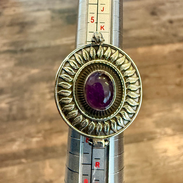 Natural Amethyst Cabochon Poison Pillbox Locket Ring Boho Sterling Silver New