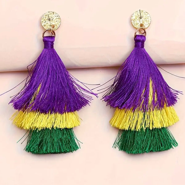 Mardi Gras Colorful Tassel Casual Party Earrings Vibrant Purple Green Yellow New