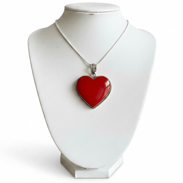Stunning Red Coral Heart Pendant in Silver Large Romantic Statement Boho Jewelry
