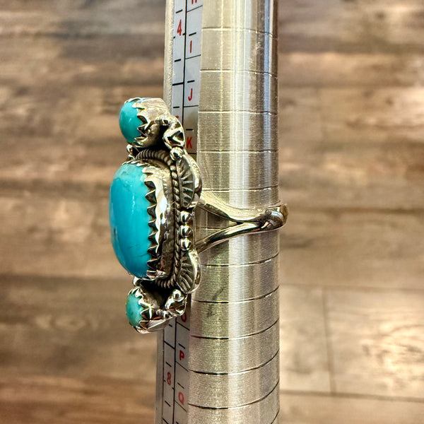 Unique Kingman Turquoise 3 Stone Ring Southwestern Sterling Silver Framed