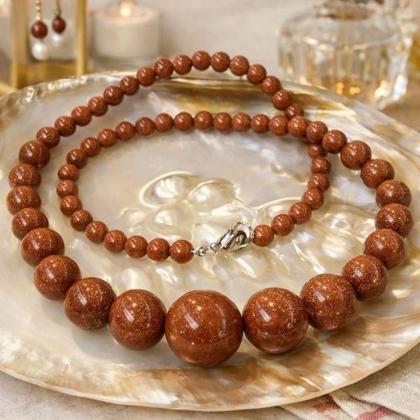 Goldstone Beaded Necklace  Sparkling Brown Gemstone Statement Jewelry Gift
