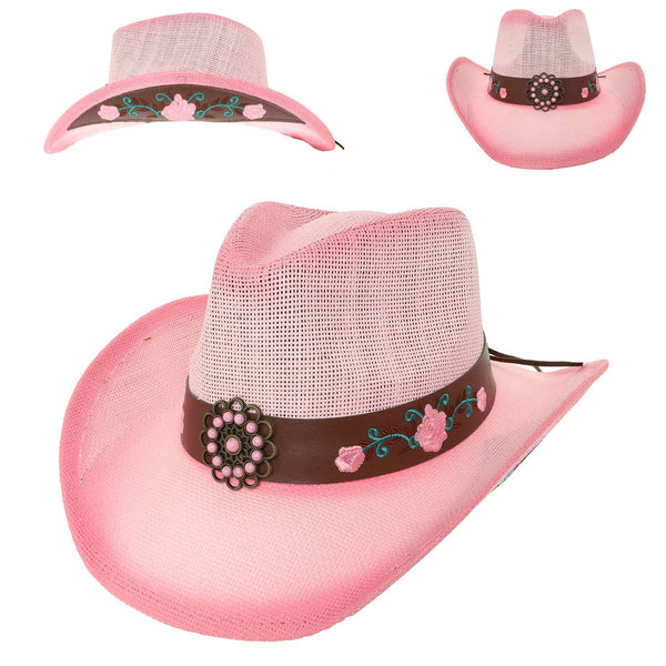 Western Straw Woven Cowboy Hat with Pink Floral