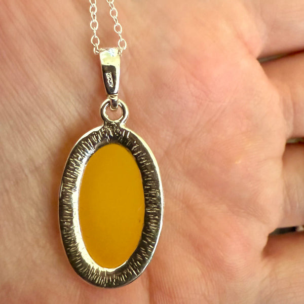 Natural Butterscotch Baltic Amber Oval Framed Pendant Necklace Sterling Silver