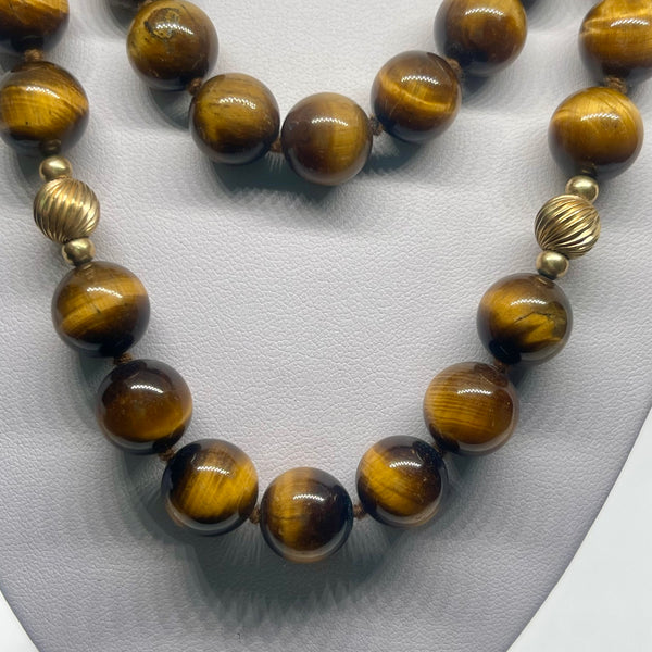 Vintage Tiger Eye Single 30” Strand Beaded Natural Gemstone Long Necklace