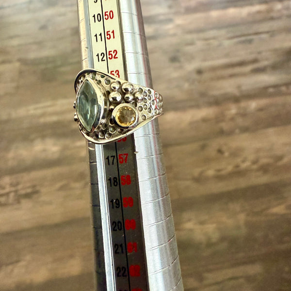 Natural Blue Topaz And Citrine Sterling Silver Ring Marquise Cut Bali Framed 7