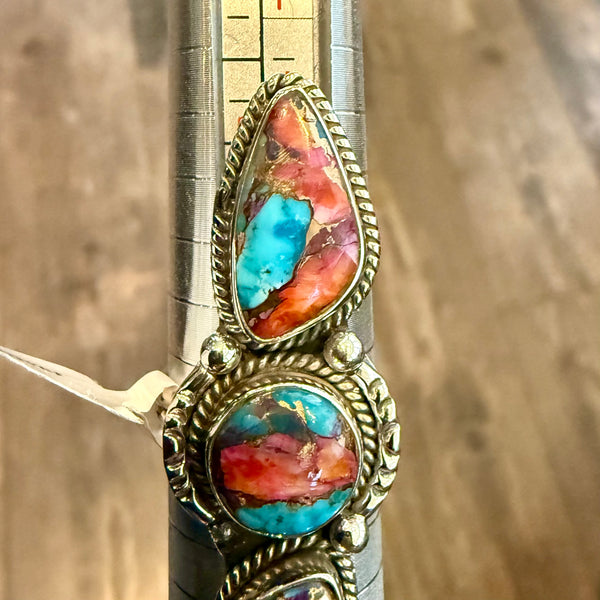 Southwestern Pink Dahlia Turquoise Statement Boho Ring 925 Sterling Silver 7 New