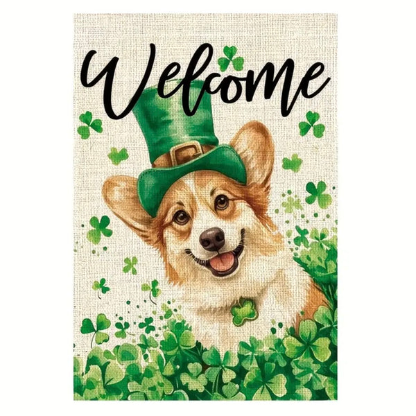 St Patricks Day Corgi Dog Garden Flag Shamrock Clover Welcome Yard Holiday Decor