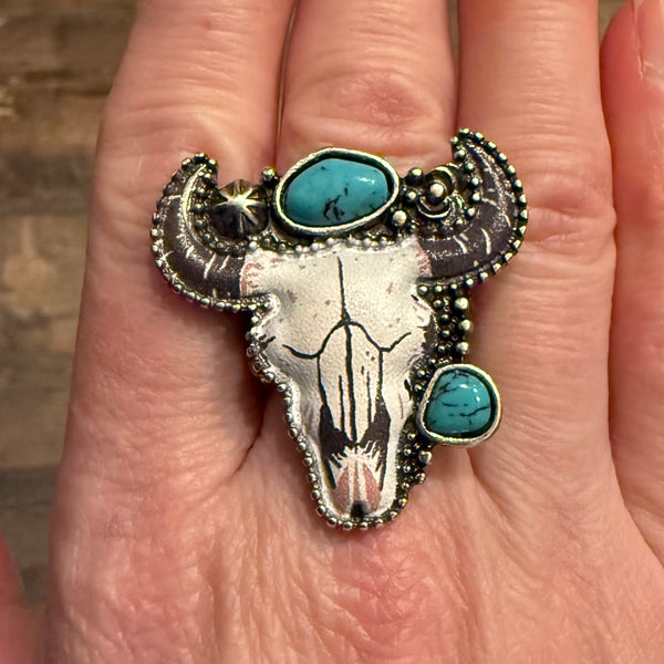 Western Turquoise Rodeo Ready Steer Skull Pendant  Adjustable Silver Ring New