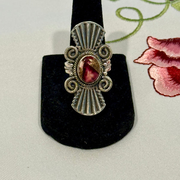 Unique Red Rose Dahlia Turquoise Ring Southwestern Fan Framed Sterling Silver 7