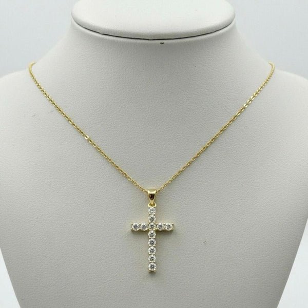 Dainty Gold Vermeil Diamond Simulant Cross Pendant High Polish 18 Inch Necklace