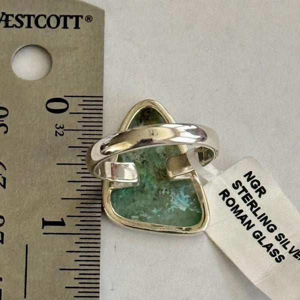 Ancient Roman Glass Stone Abstract Statement Ring Sterling Silver New