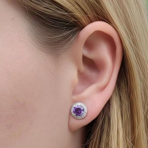 New Amethyst CZ Halo Stud Earrings 925 Sterling Silver Round Brilliant Cut