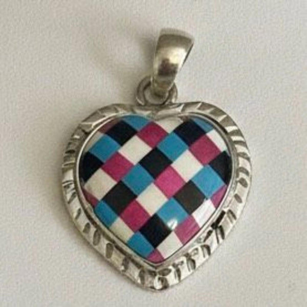 New Multi-Stone Heart Pendant Necklace Sterling Silver Southwest Inlay Artisan