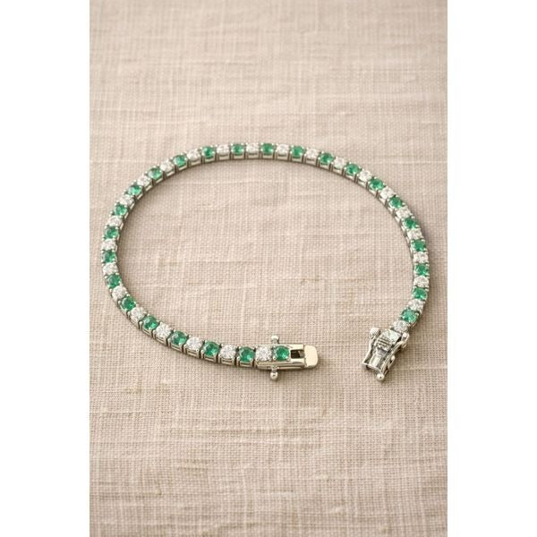 Emerald & CZ Sterling Silver Tennis Bracelet 7” Gemstone