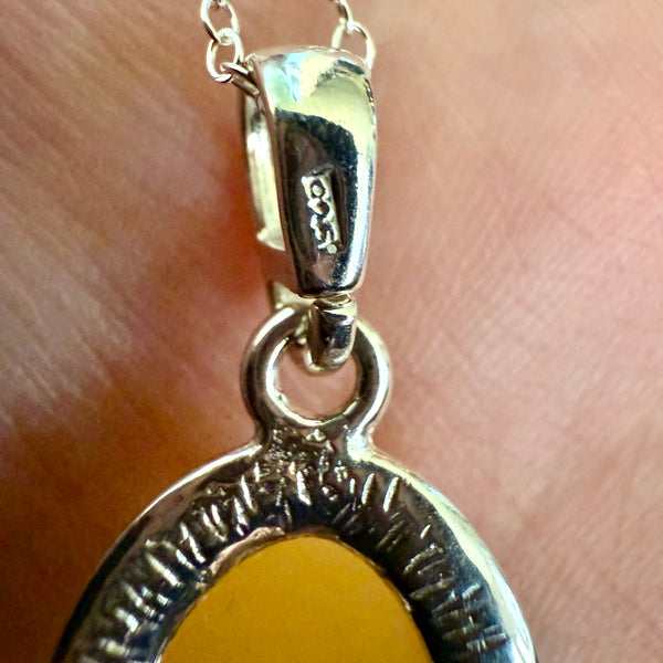 Natural Butterscotch Baltic Amber Oval Framed Pendant Necklace Sterling Silver