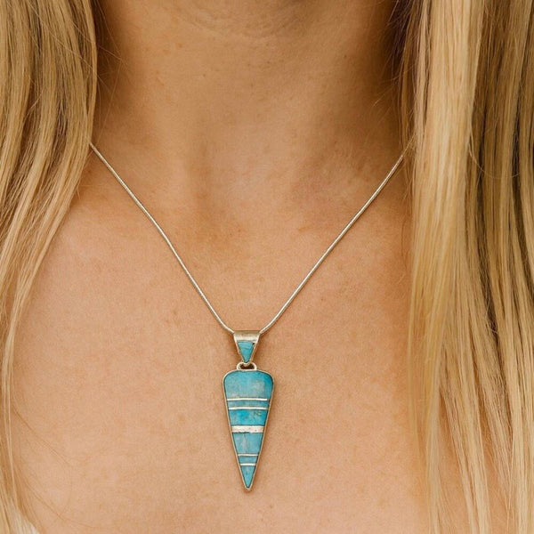 Southwestern Sterling Silver Turquoise Inlay Triangle Pendant Arrowhead Necklace