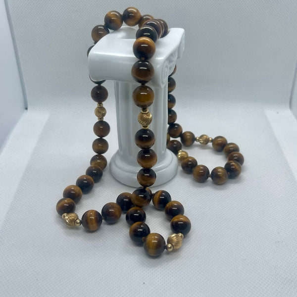 Vintage Tiger Eye Single 30” Strand Beaded Natural Gemstone Long Necklace