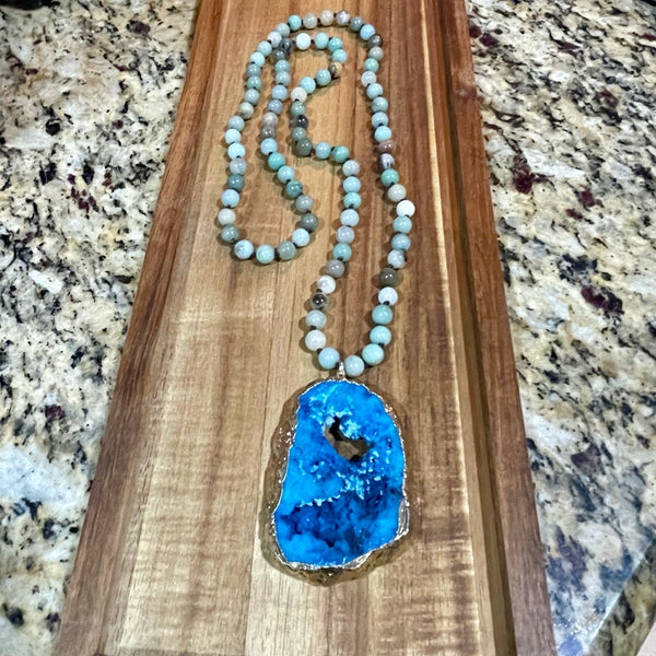 Boho Precious Stone Knotted Irregular Natural Blue Druzy Pendant Long Necklace