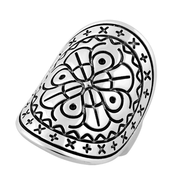 Solid Sterling Silver Bohemian Floral Dome Shield Ring Size 7 New