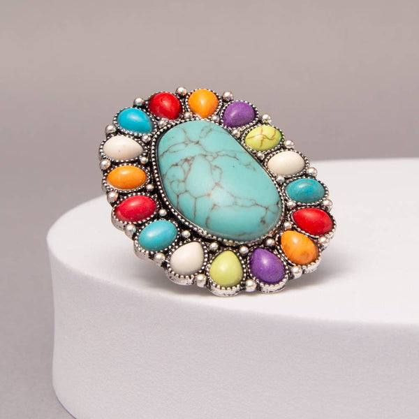 Western Oval Turquoise Stretch Ring with Decorative Frame
