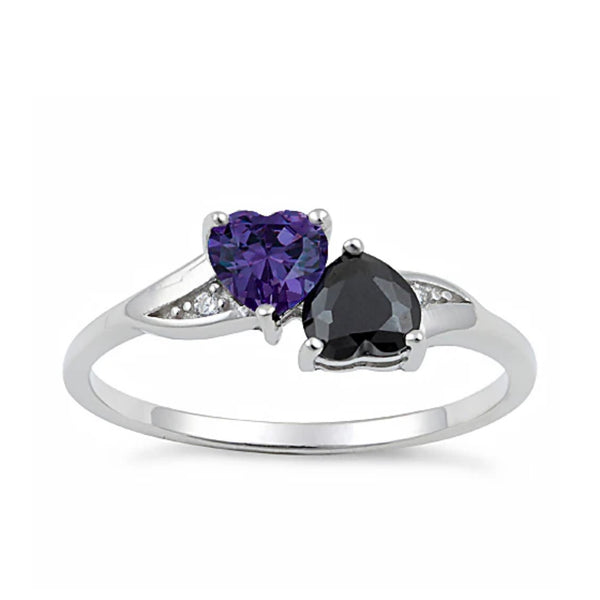 Sterling Silver Double Heart Violet & Black CZ Ring