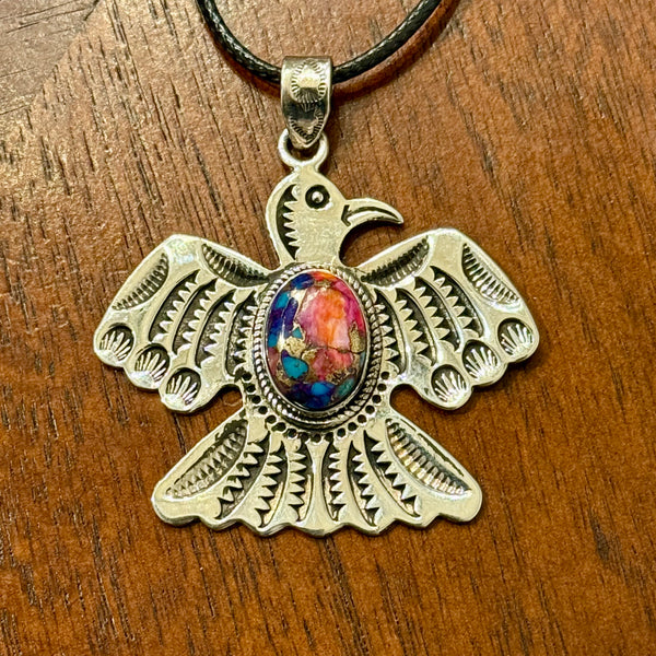 Pink Dahlia Turquoise Thunderbird Necklace Southwestern Pendant Sterling Silver