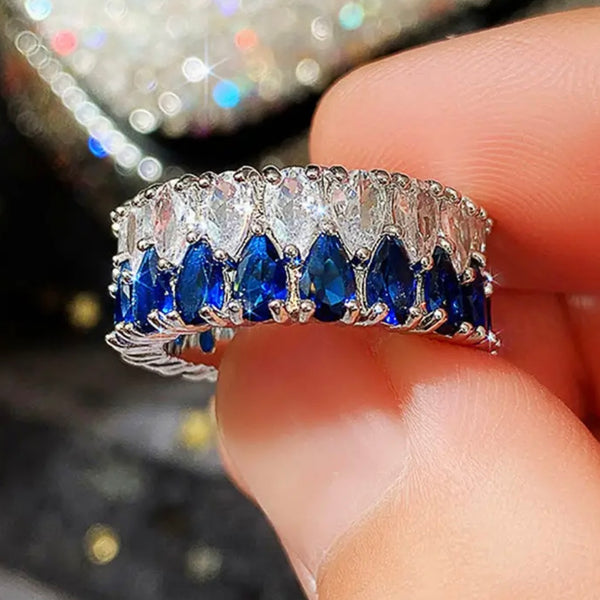 Sapphire CZ Waterdrop Crystal Double Row Eternity Ring Womens Size 8.75