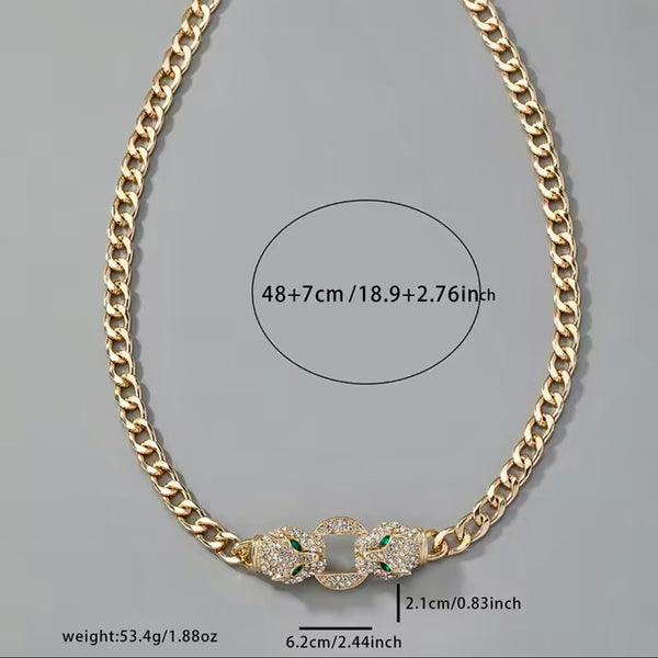 White Diamond Simulated Green Emerald Glass Leopard Head Link Gold Necklace