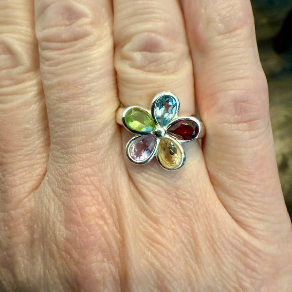 Multi Gemstone Tear Drop Cut Flower Ring Rainbow 925 Sterling Silver Size 6 New