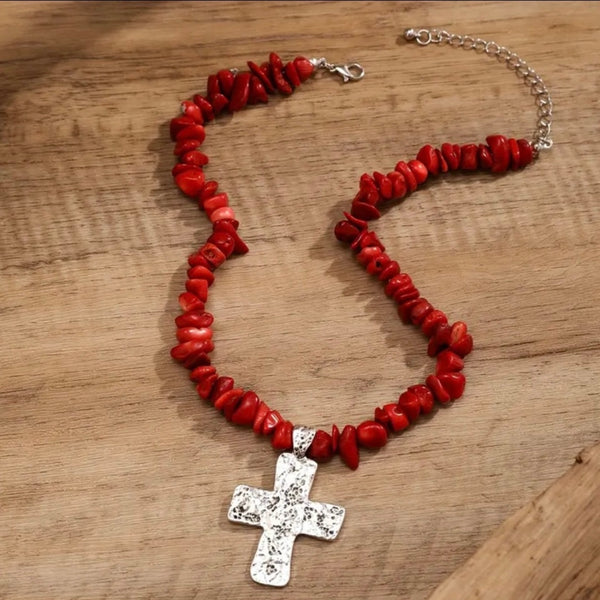 Cross Pendant Necklace Womens Boho Casual Natural Stone Chip Jewelry New