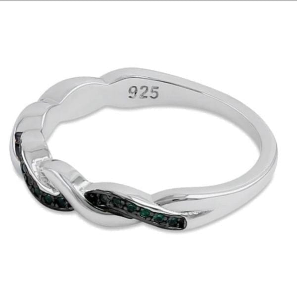 Sterling Silver and Black Rhodium Plated Braided Green Emerald Ring Size 5