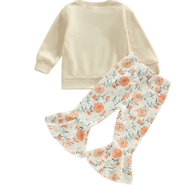 Girls Western Highland Cow Long Sleeve Floral Flare Pants Set
