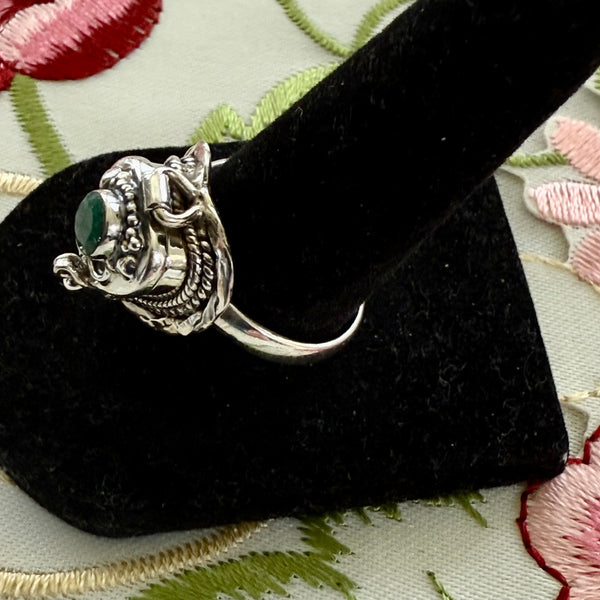 Faceted Round Emerald Gemstone Poison Locket Box Heart Ring Sterling Silver Sz 8