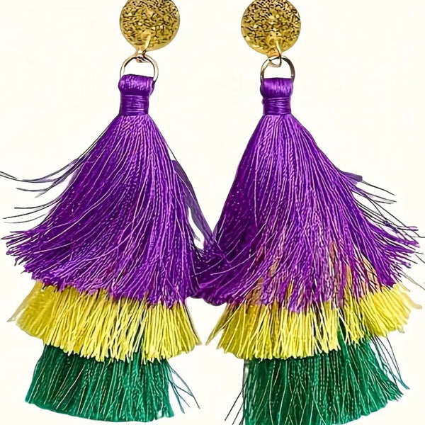 Mardi Gras Colorful Tassel Casual Party Earrings Vibrant Purple Green Yellow New