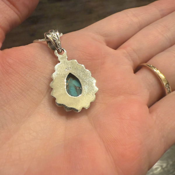 4.15cts Blue Copper Turquoise Pear Pendant Necklace Southwest Sterling Silver