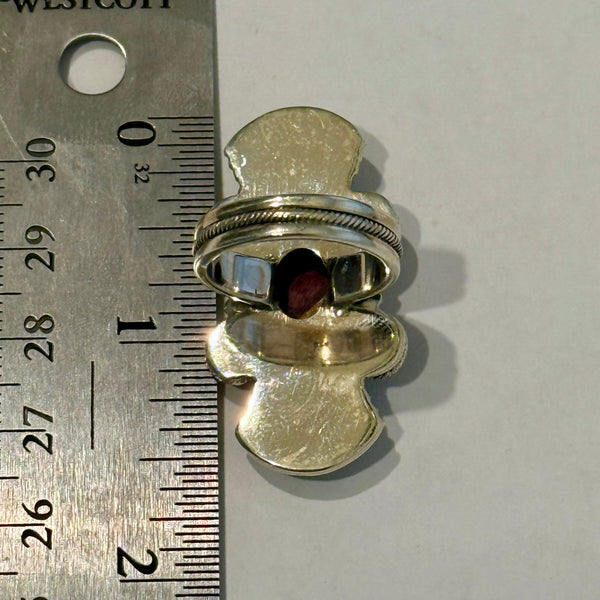 Unique Red Rose Dahlia Turquoise Ring Southwestern Fan Framed Sterling Silver 7