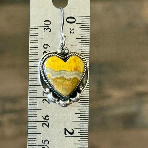 Natural Bumblebee Jasper Heart Earrings Sterling Silver Handcrafted Boho Style