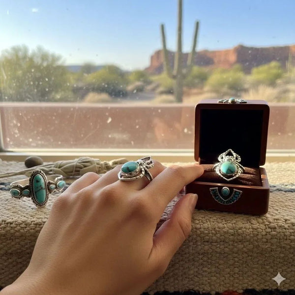 Round Turquoise Spider Boho Ring Sterling Silver Southwestern Sz 6