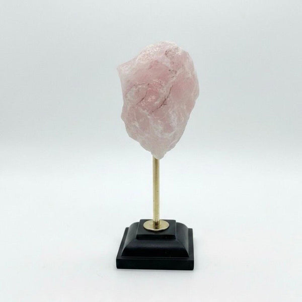 Raw Rose Quartz Crystal Specimen with Gold Tone & Black Pedestal Display Stand