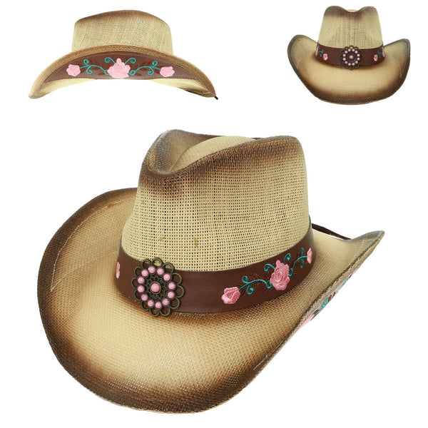 Western Straw Woven Cowboy Hat with Pink Floral