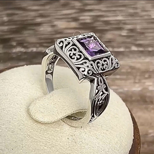 Sterling Silver Ornate Square Cut Amethyst CZ Ring Size 6