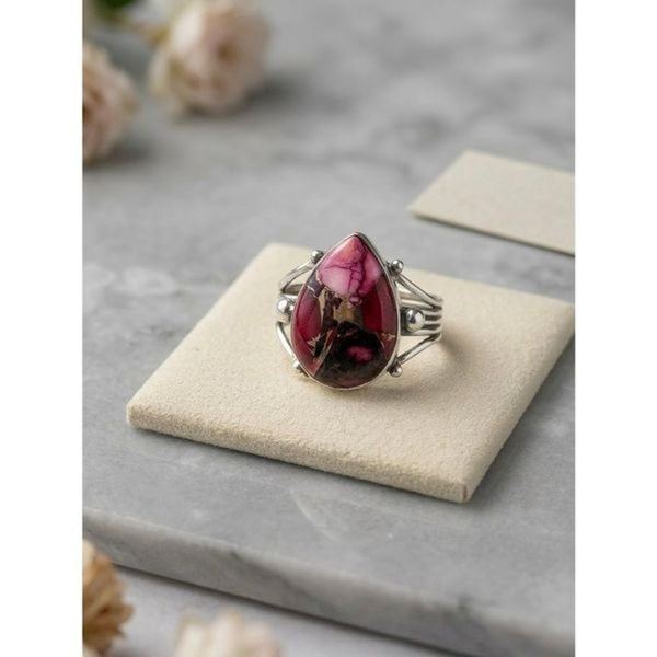 Southwestern Teardrop Red Rose Dahlia Turquoise Statement Ring Silver Size 8