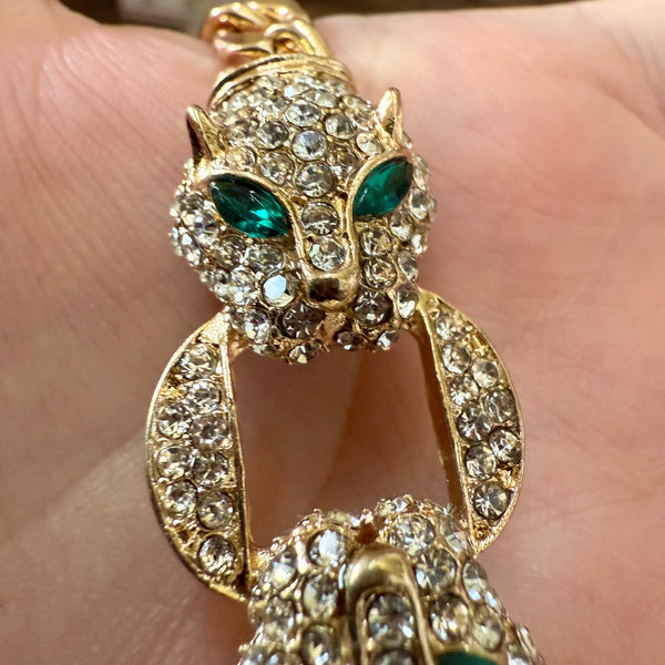 White Diamond Simulated Green Emerald Glass Leopard Head Link Gold Necklace