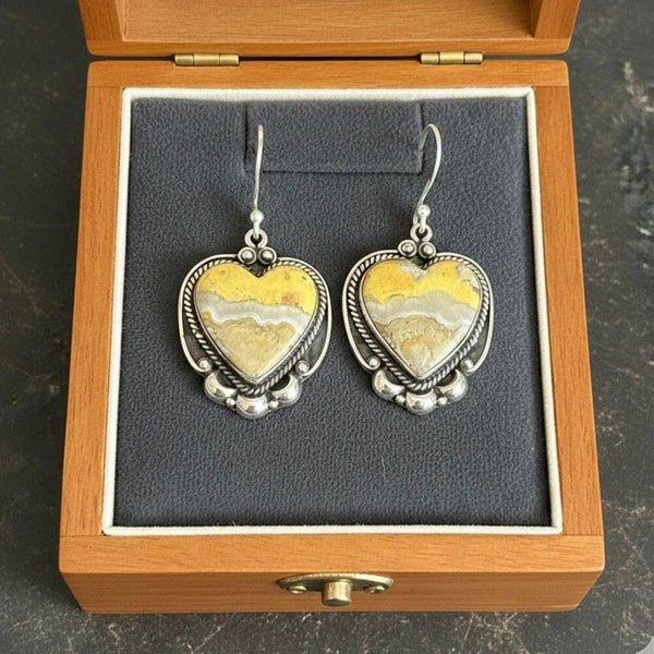 Natural Bumblebee Jasper Heart Earrings Sterling Silver Handcrafted Boho Style