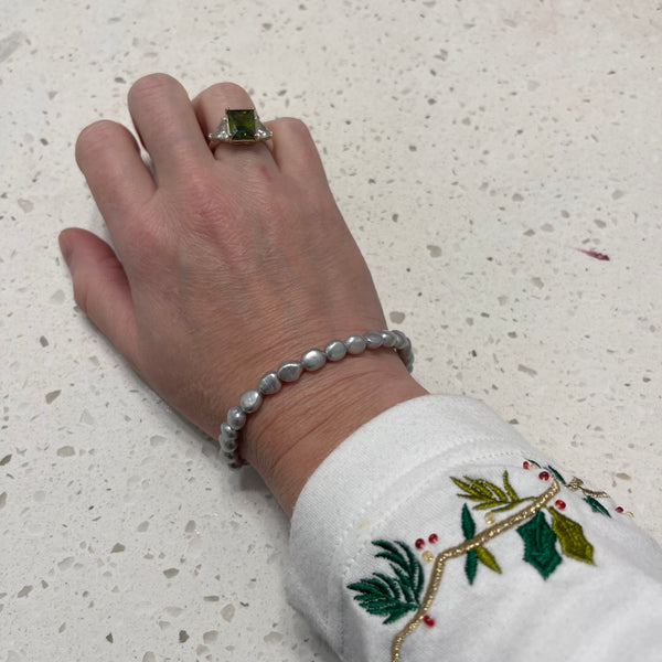 Silver Freshwater Pearl Bracelet Womens Classic Flexible Stretch Vintage Jewelry