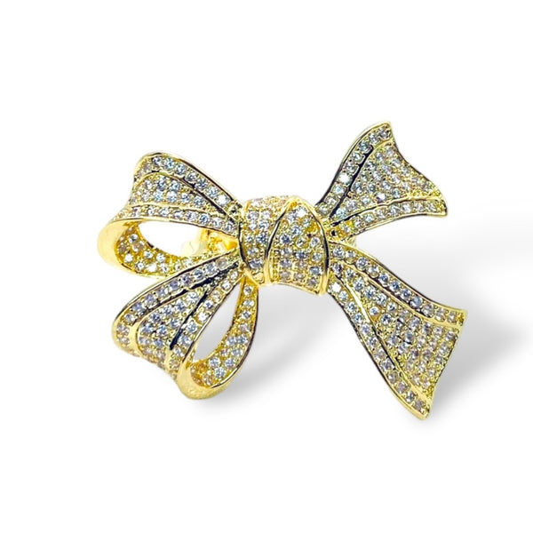 Rhinestone Bow Ring Womens Gold Plated Sterling Silver Statement Jewelry