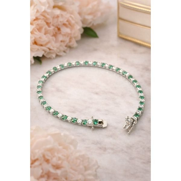 Emerald & CZ Sterling Silver Tennis Bracelet 7” Gemstone