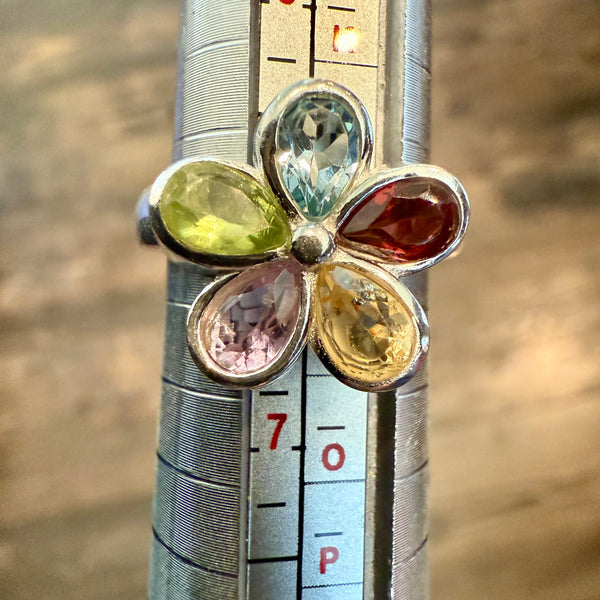 Multi Gemstone Tear Drop Cut Flower Ring Rainbow 925 Sterling Silver Size 6 New